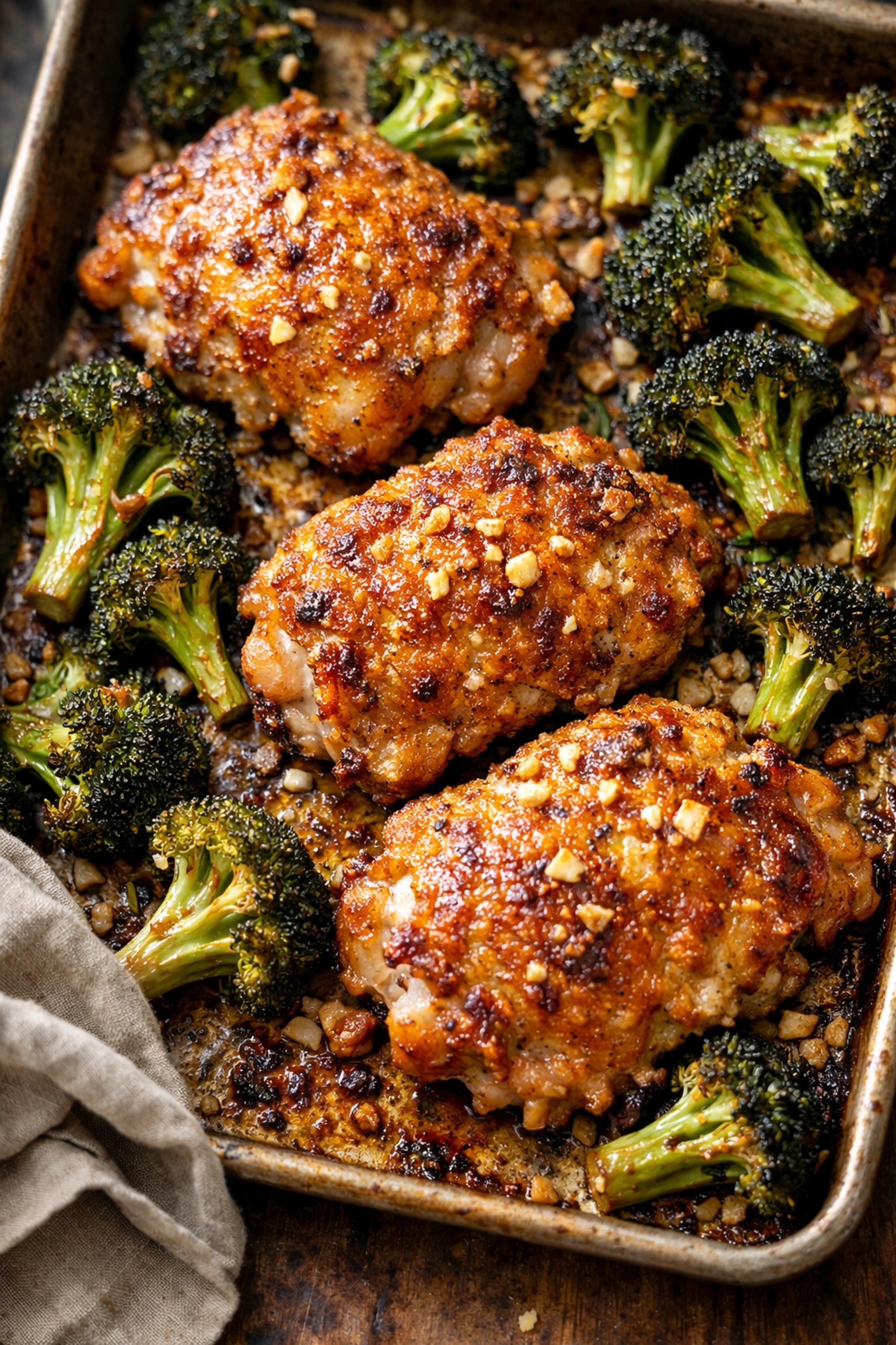 Easy weeknight dinner: crispy Parmesan chicken thighs with roasted broccoli on sheet pan