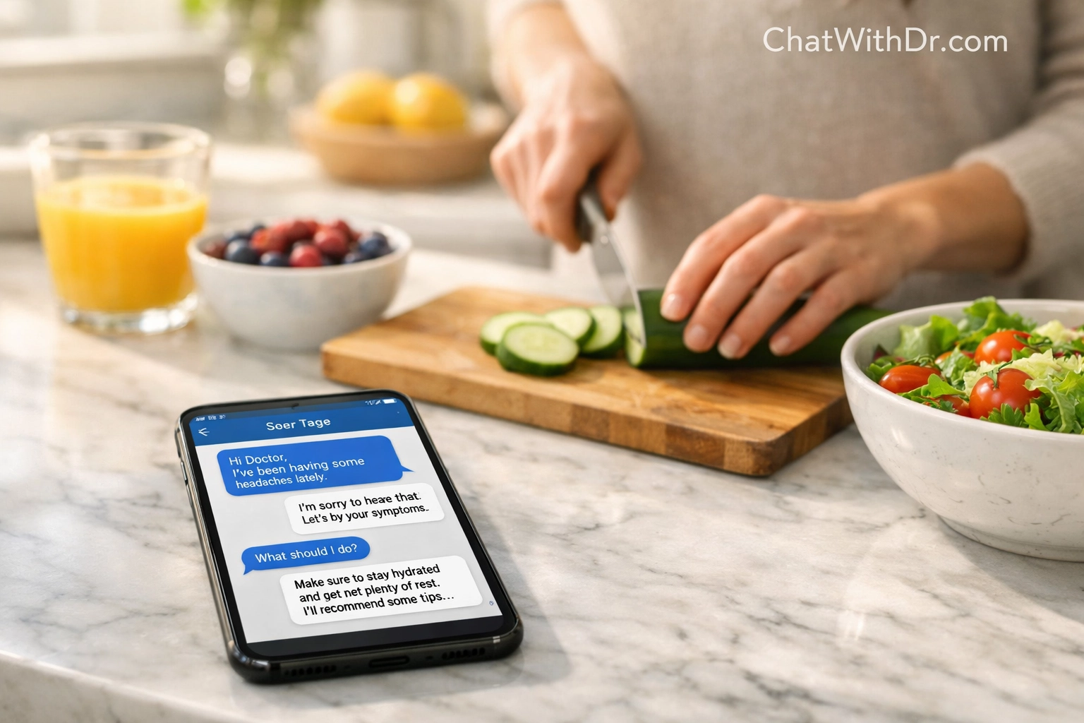 Person using a smartphone to chat with a doctor 24/7 for primary care needs via secure text.
