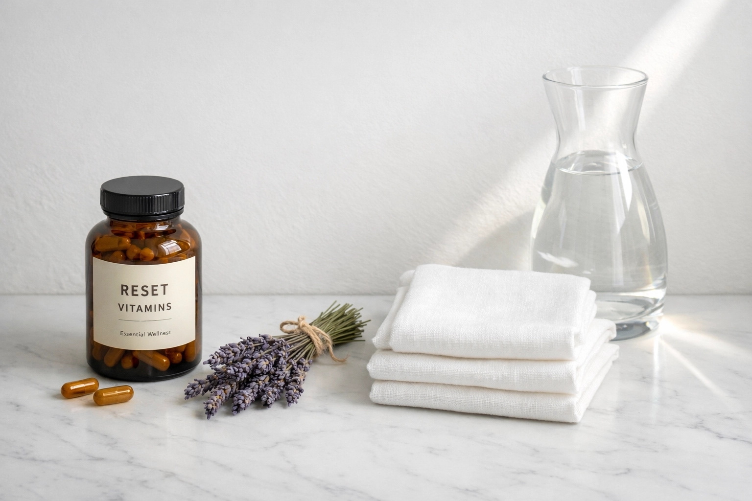 Minimalist wellness kit with vitamins and water to support a healthy lifestyle for women.