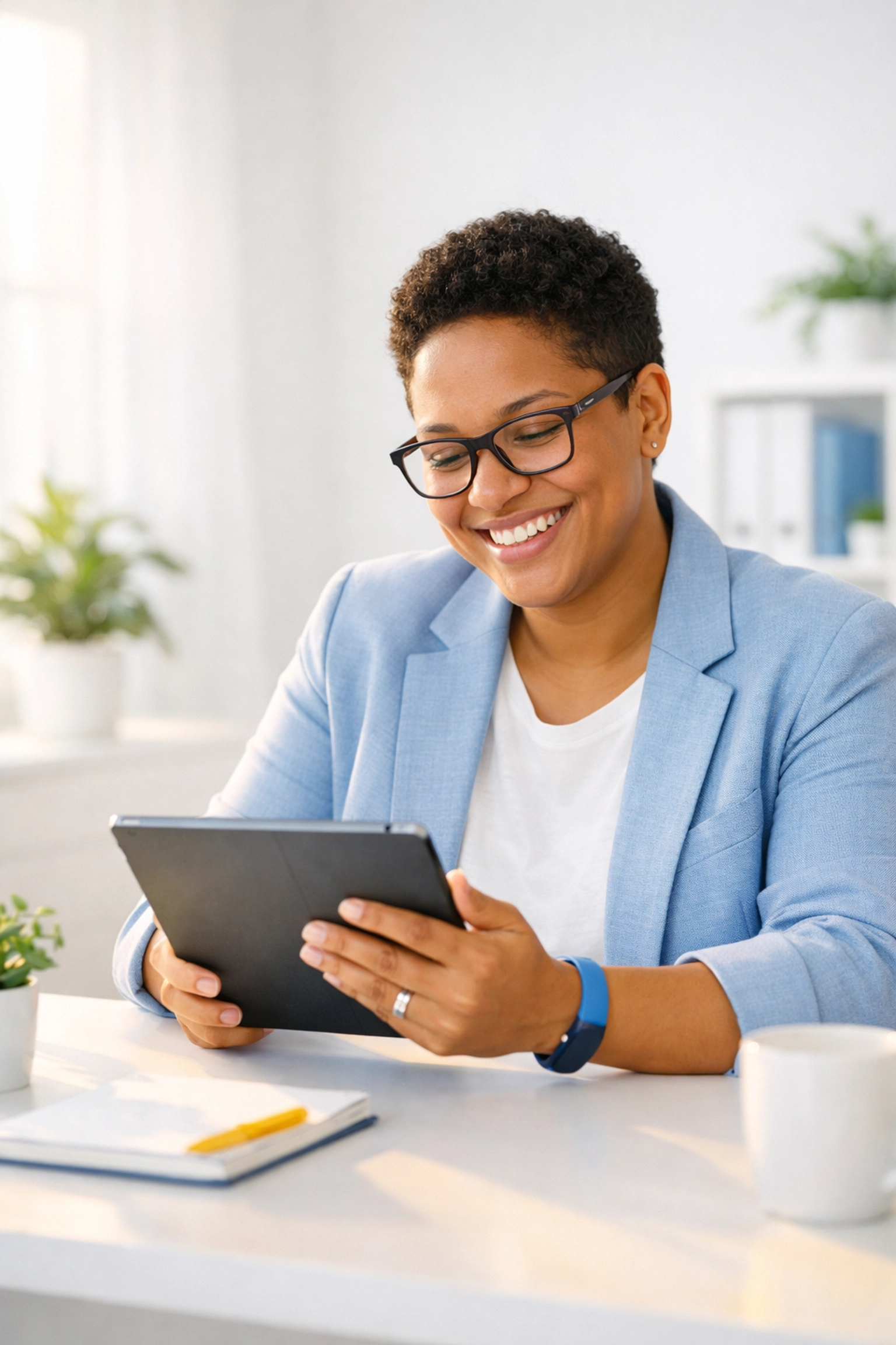 Non-profit professional using a tablet to manage donor outreach and virtual assistant campaigns.