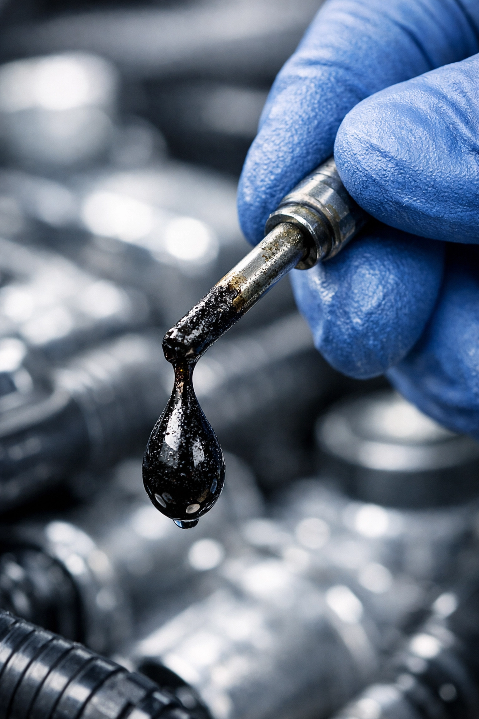 Close-up of dirty, dark engine oil on a dipstick showing signs a car needs an oil change.