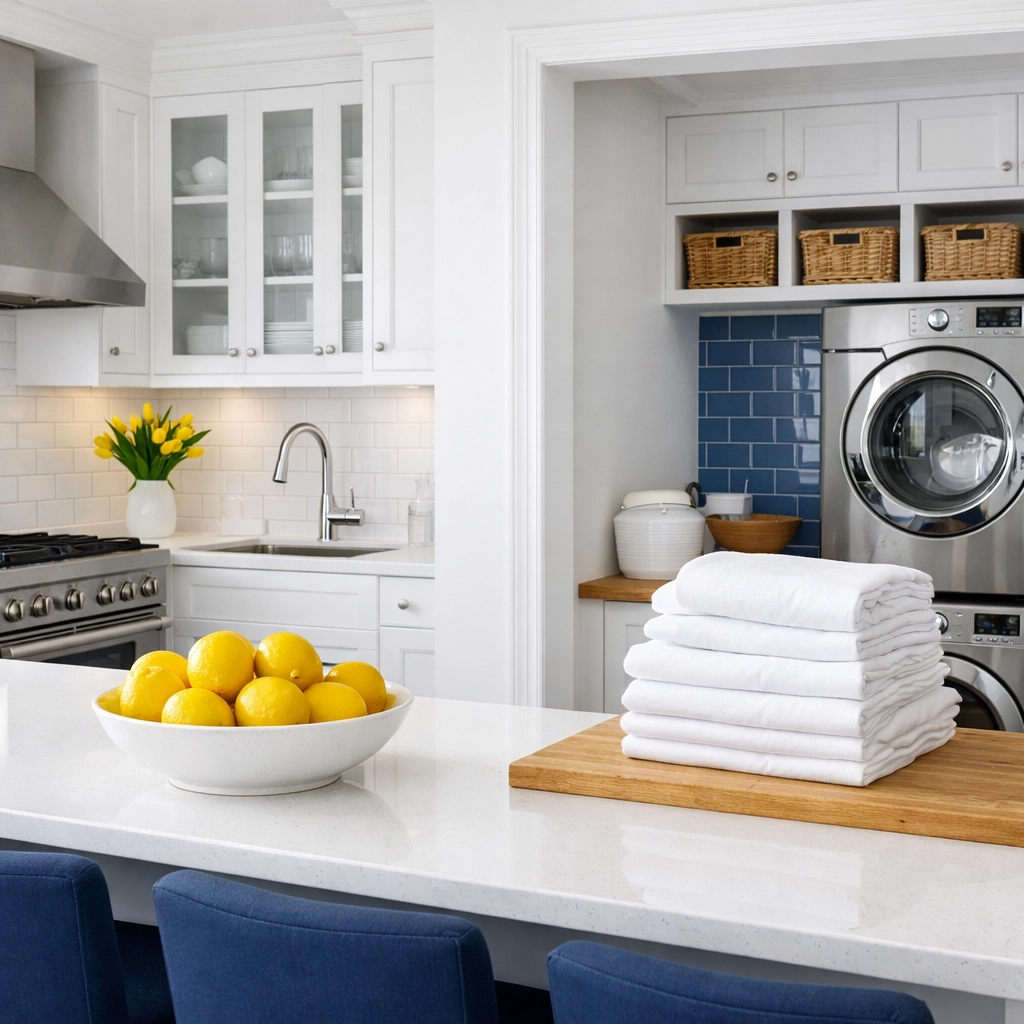 Immaculate kitchen and laundry space with fresh linens, promoting chemical-free living.