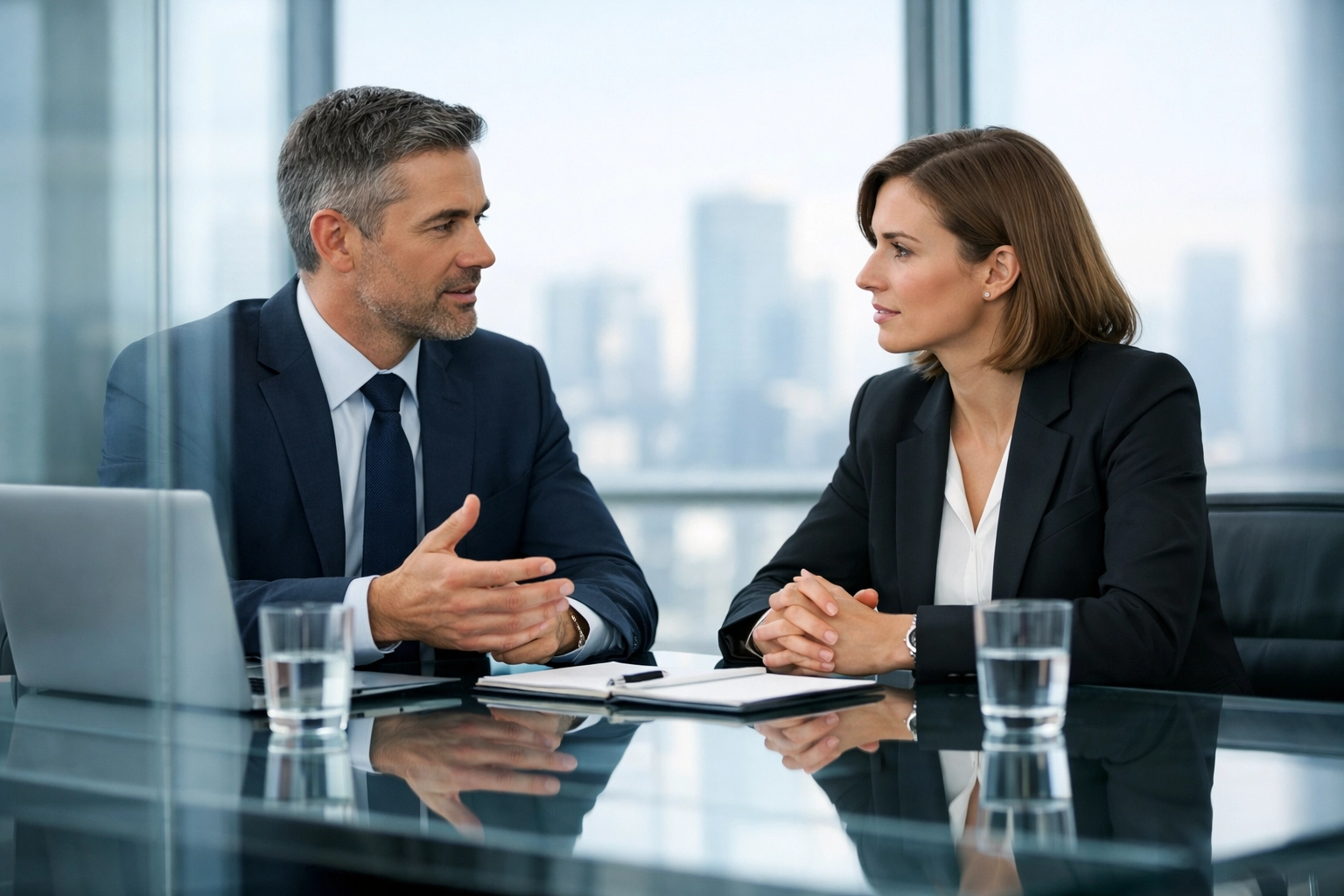 Independent legal investigators discussing a transparent corporate fraud investigation in a modern boardroom.