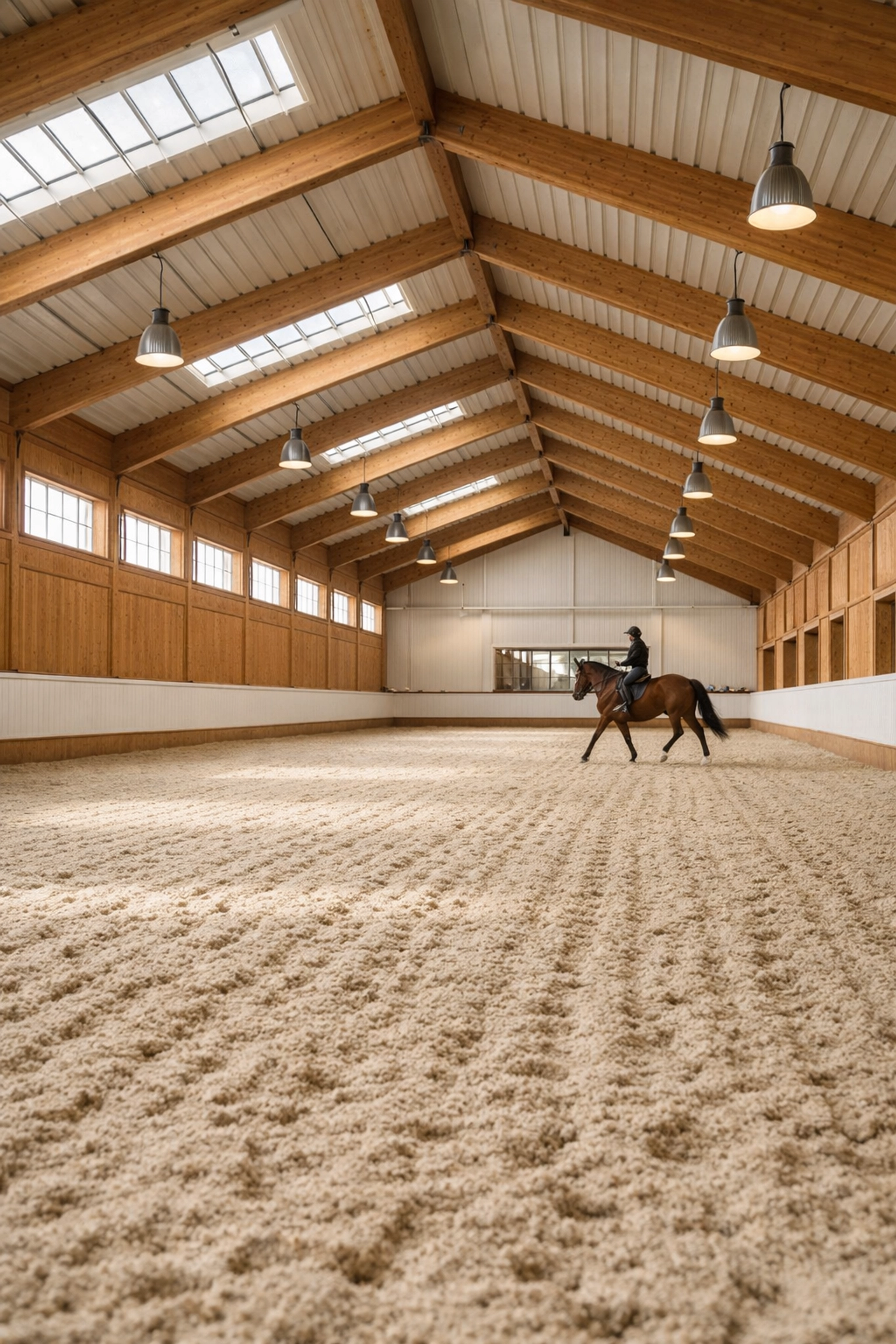 Indoor riding arena with natural light and horse training in Charlotte equestrian facility
