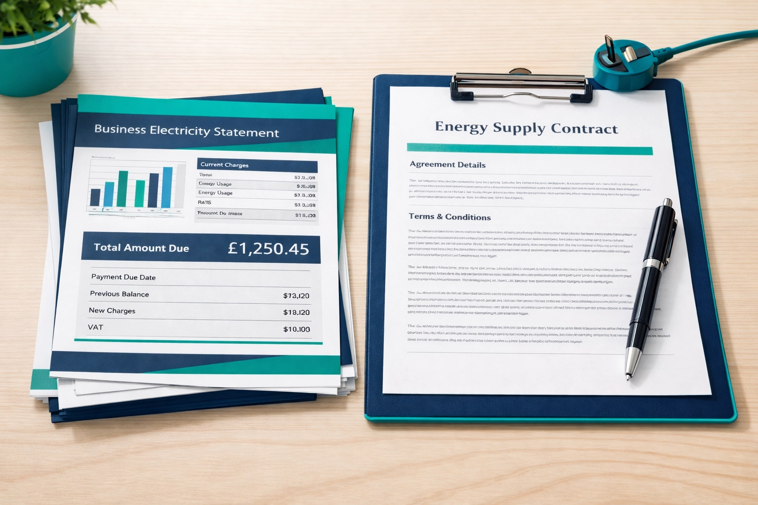 Business electricity bills and contract documents for switching suppliers