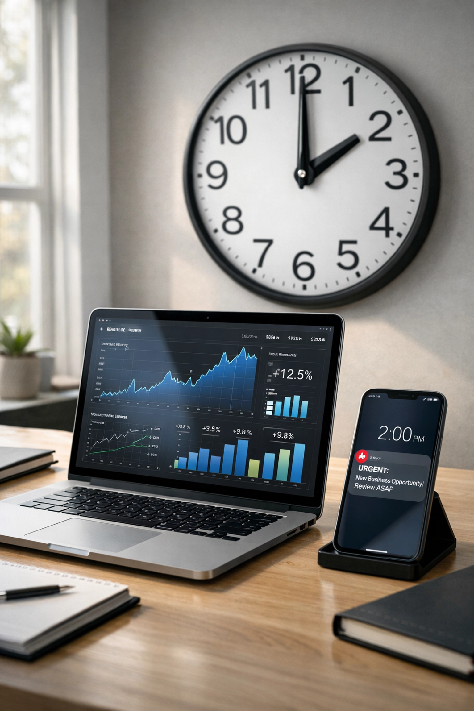 Business owner's desk with laptop and clock showing fast loan approval timeframe