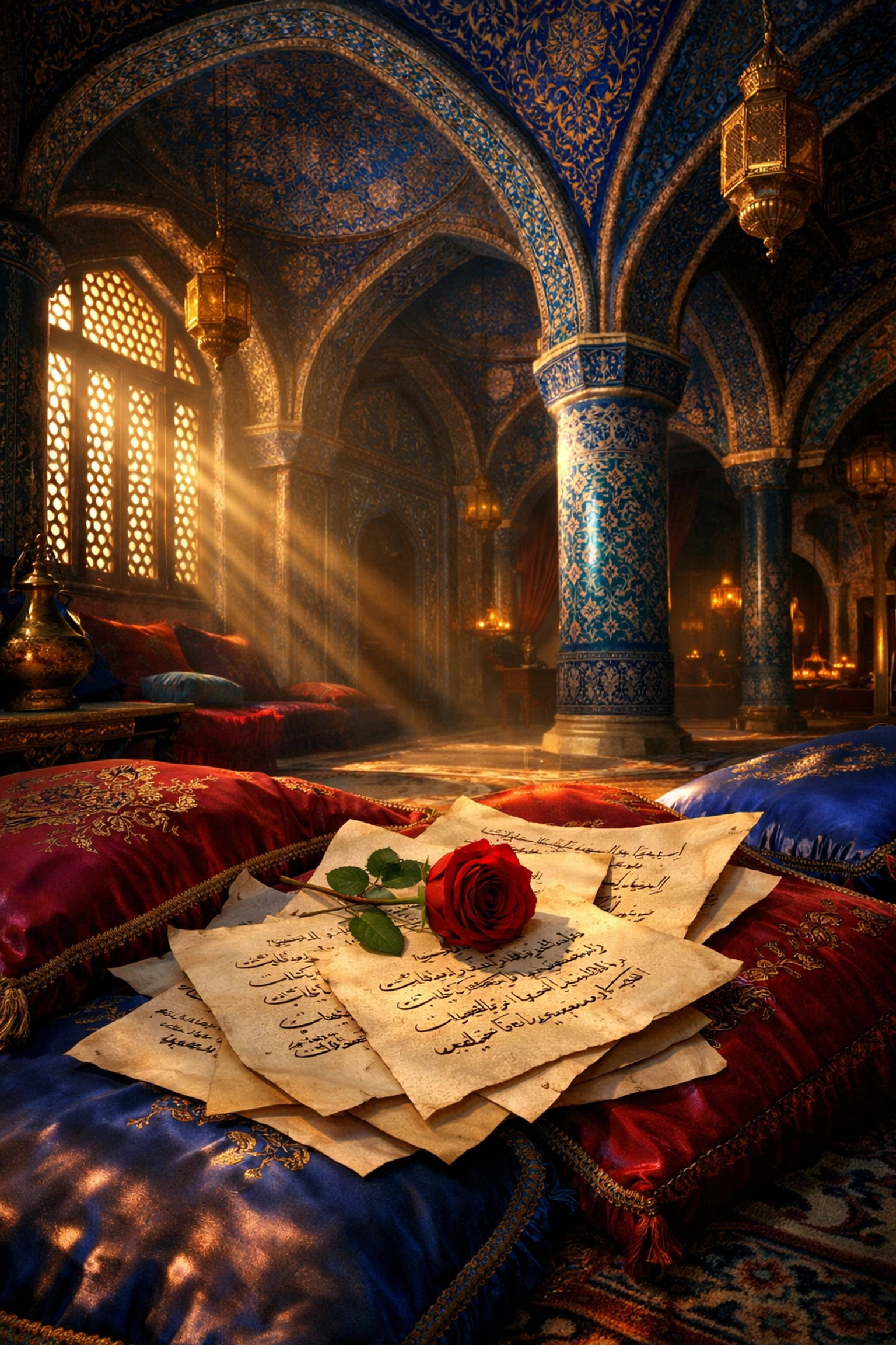 Ottoman palace interior with scattered pages of Persian love poetry on silk cushions