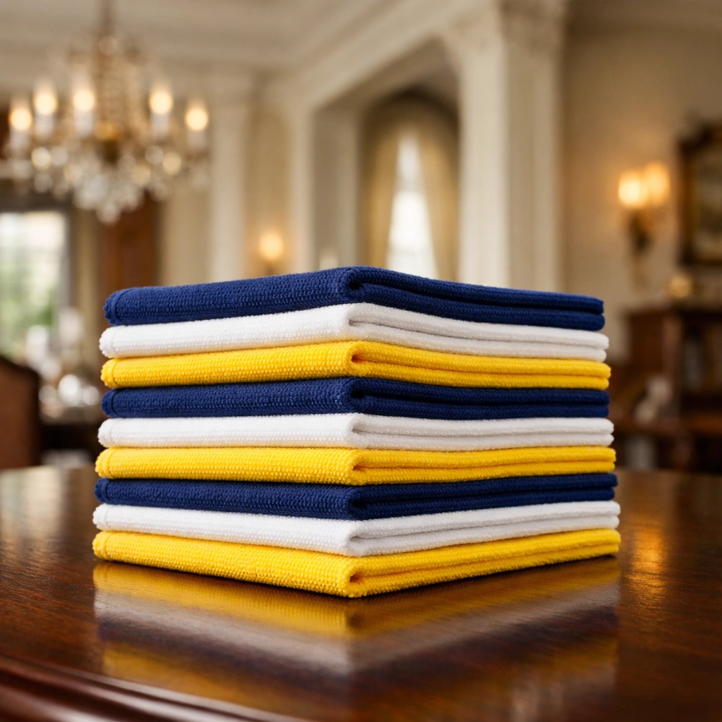 Premium cleaning cloths used for organized Lowell home cleaning in a historic Victorian dining room.