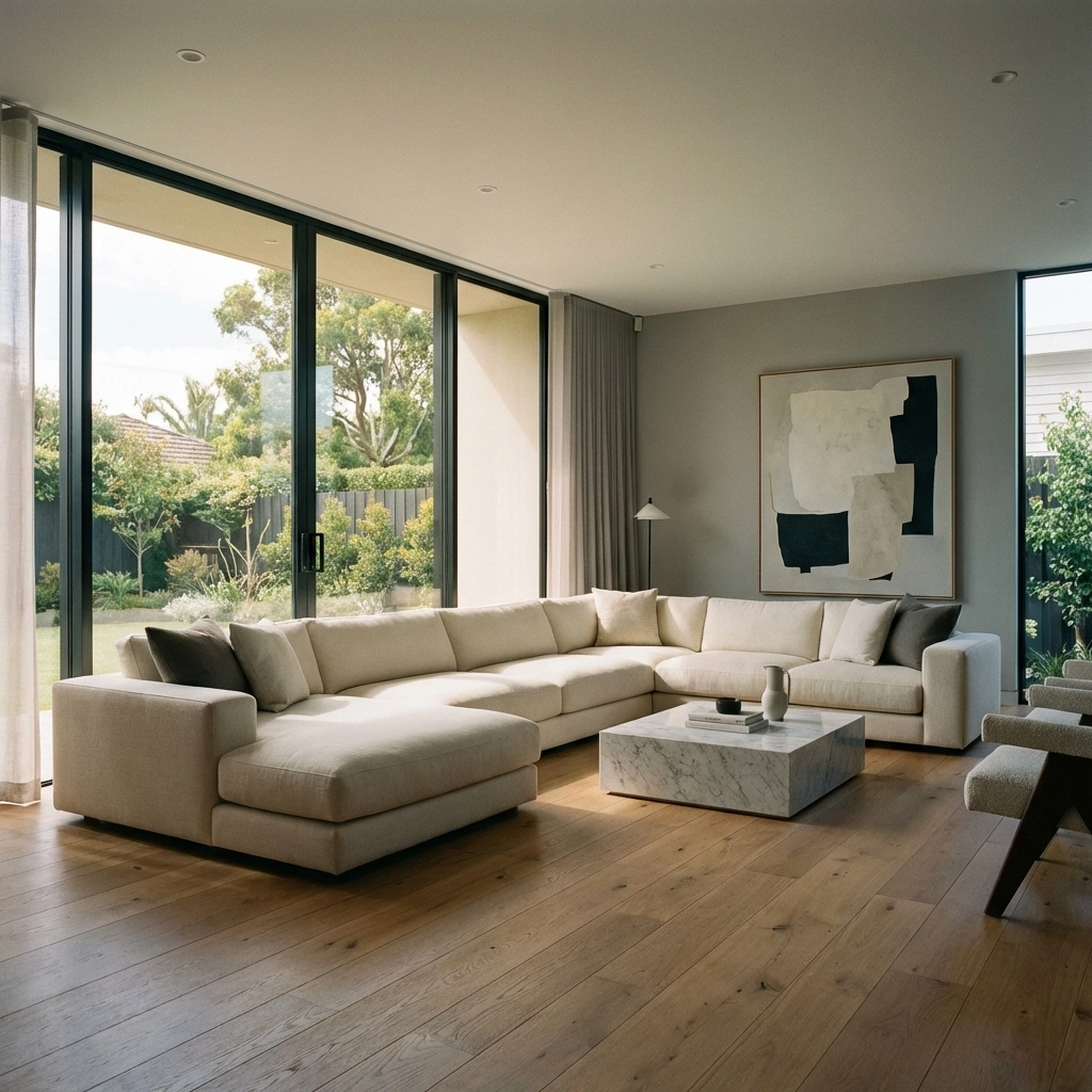 Modern living room with floor-to-ceiling windows featuring window film for natural light and heat reduction