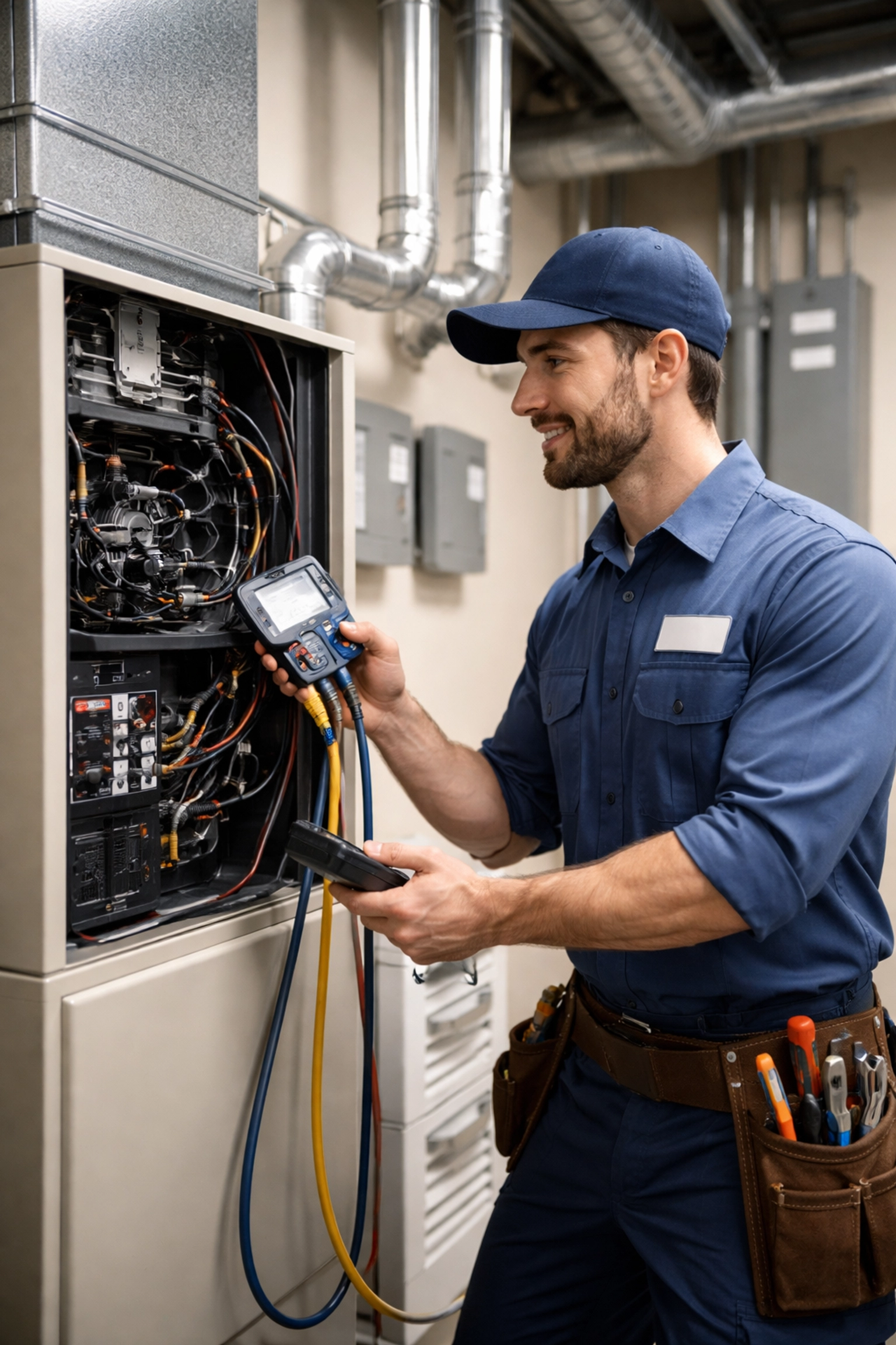 Professional HVAC technician inspecting home unit, illustrating warranty coverage and maintenance peace for property buyers
