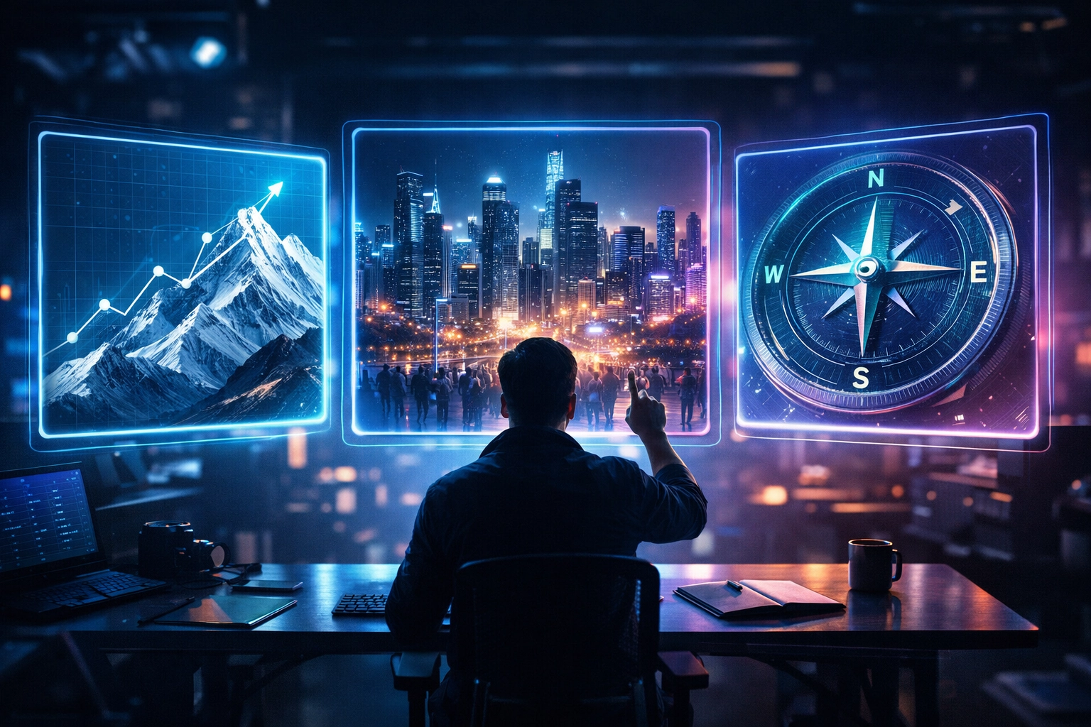 Digital marketing workspace with screens showing global audience and business growth metrics.