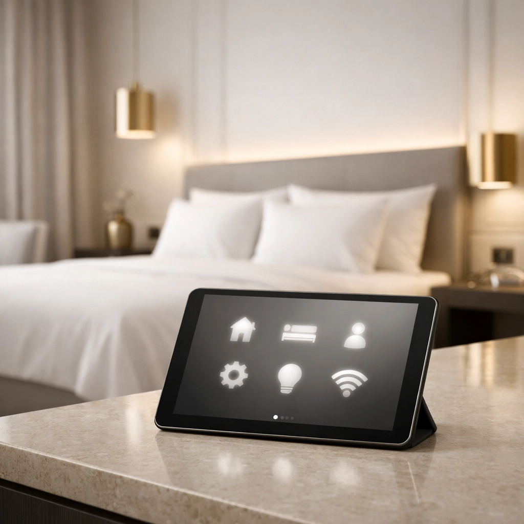 Modern hotel suite with a tablet interface connected to a cloud-native booking engine and PMS.