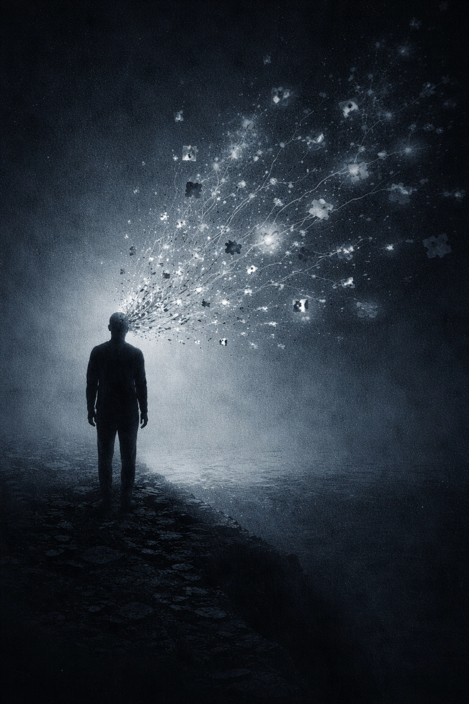 Silhouette am Abgrund mit zerstreuten Erinnerungen visualisiert den Integrationsprozess bei Trauma.