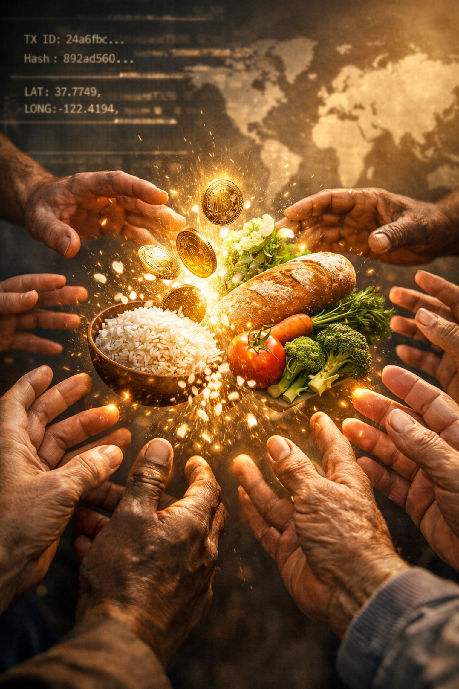 Cryptocurrency converting to food donations for global hunger relief through blockchain payments