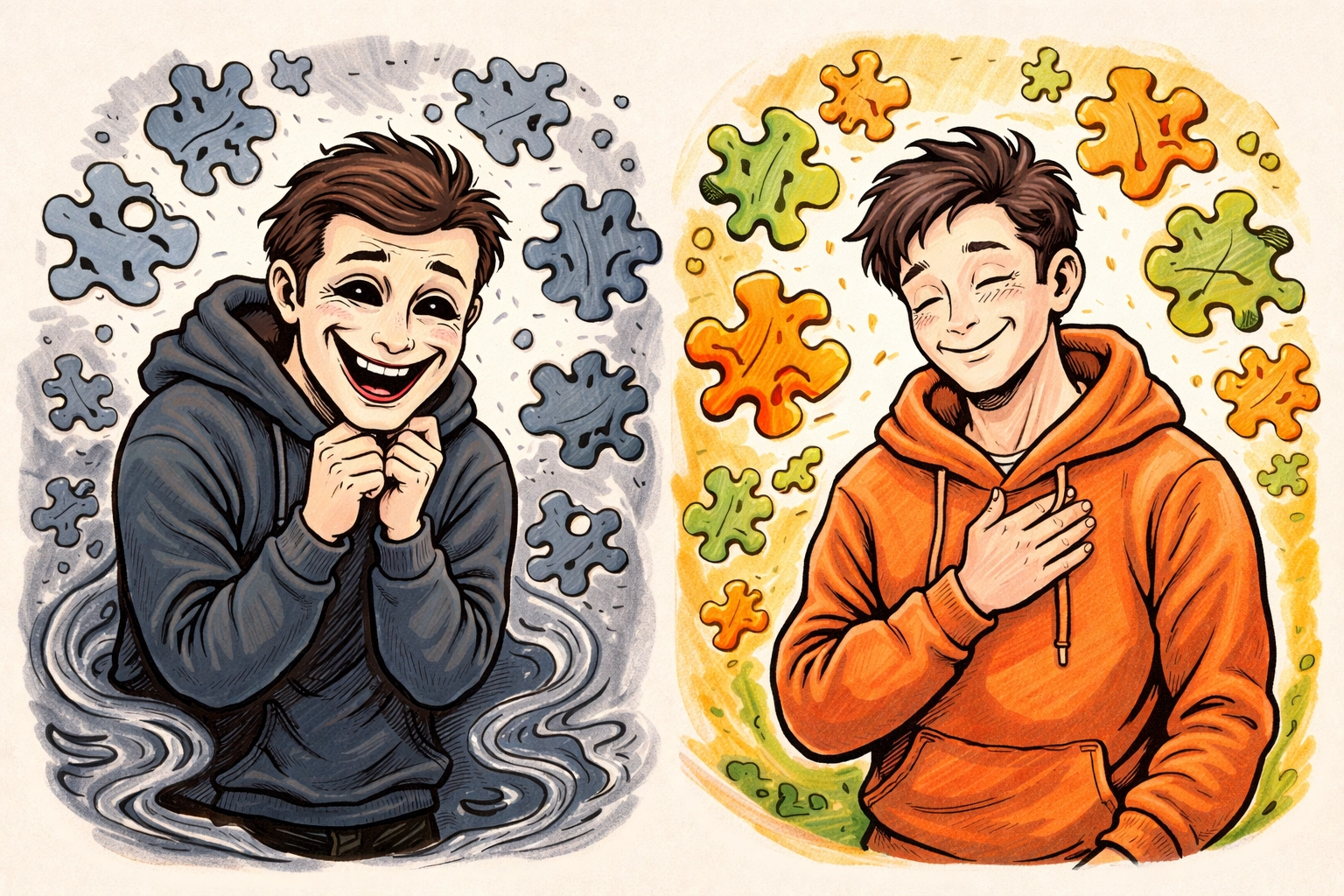 Illustration showing the contrast between masking and authentic coping for neurodivergent people