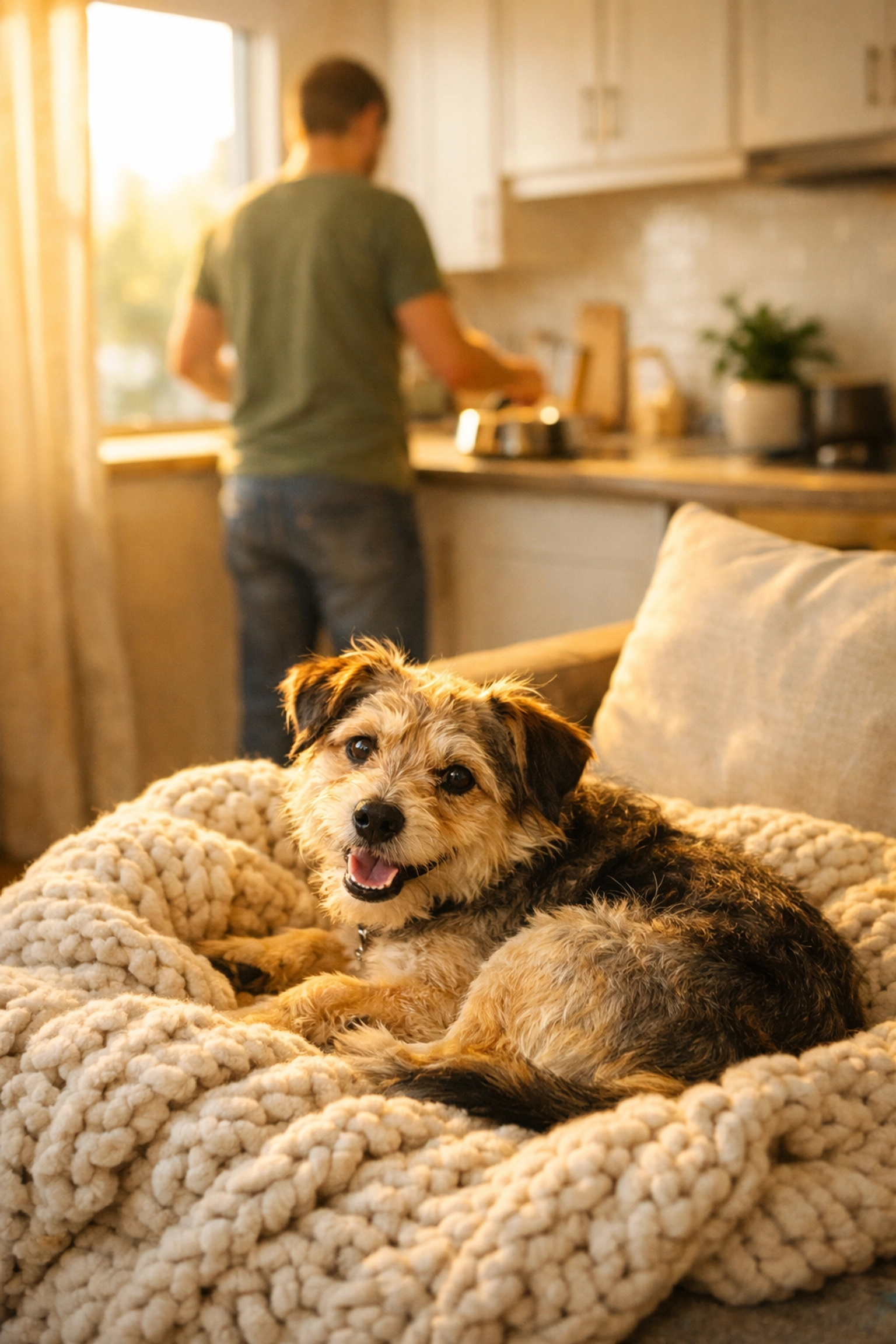 A scruffy rescue dog resting comfortably in a cozy home after a volunteer decided to foster a dog.