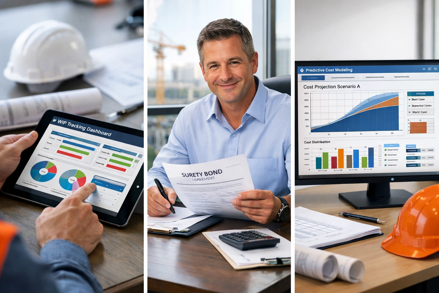 Construction management workstations showing WIP tracking, bonding documents, and cost modeling systems