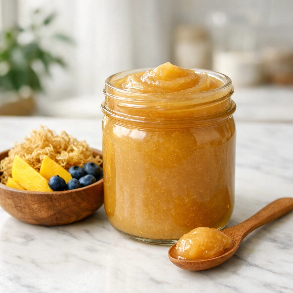 Creamy golden sea moss gel jar on a white marble counter with fresh fruit, illustrating a natural wellness routine.