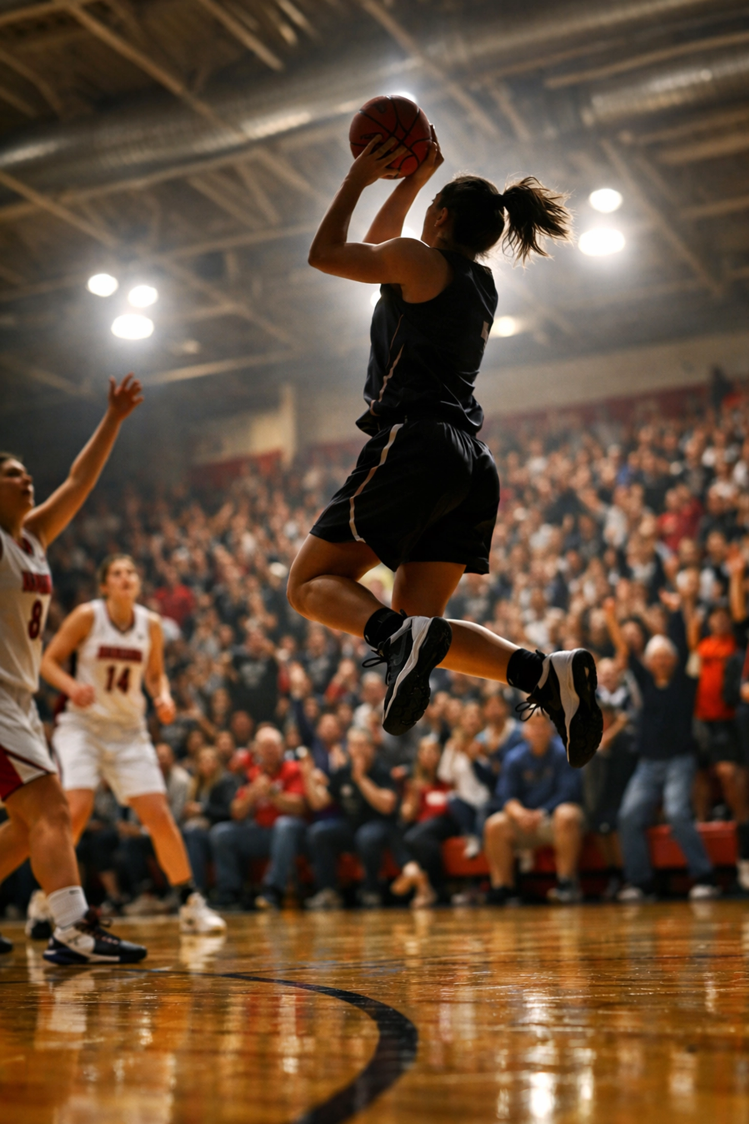 Athletes competing in a high-energy women's basketball championship game in Montreal.