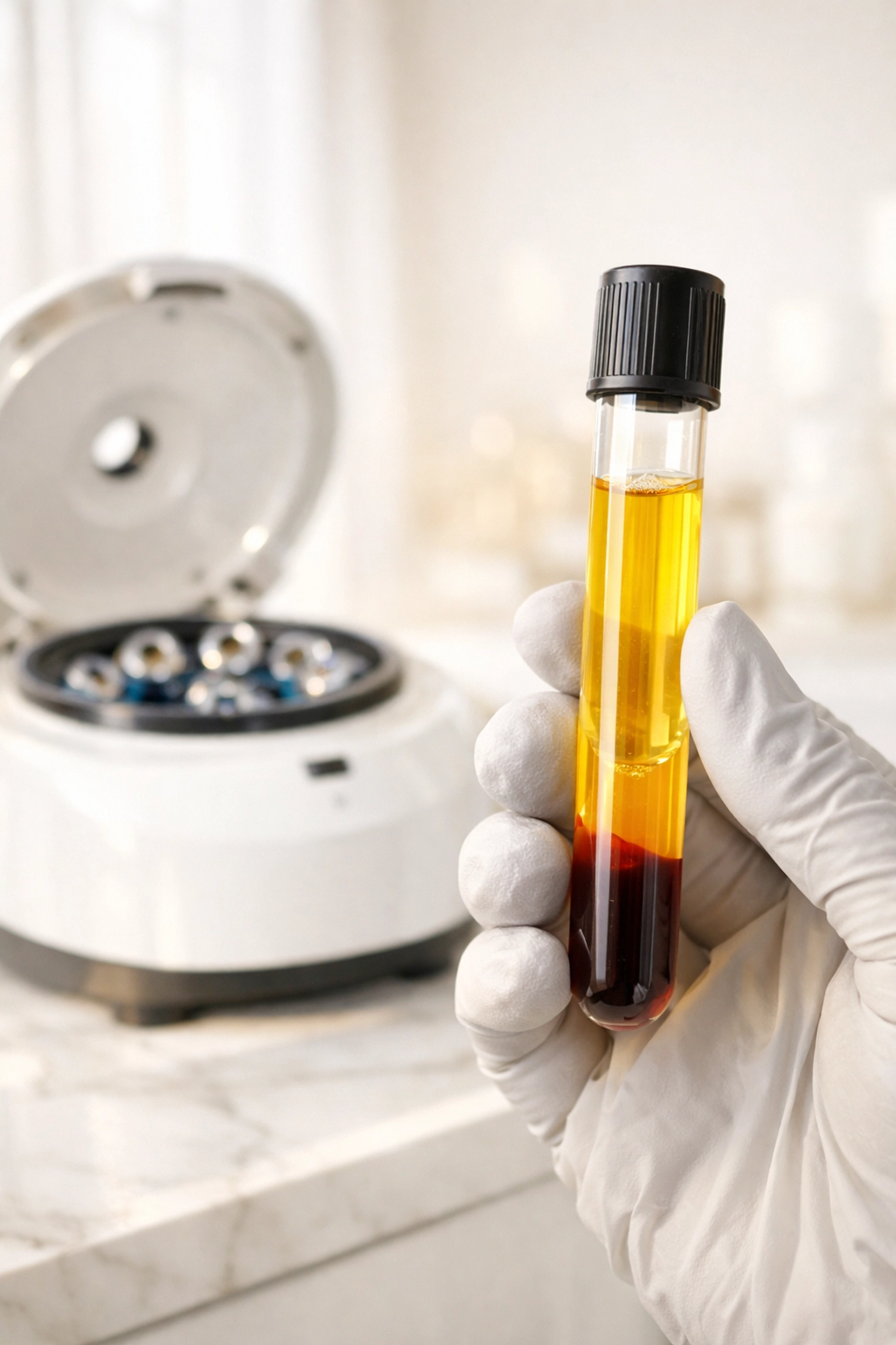 Vial of concentrated liquid gold PRP for natural skin rejuvenation and non-surgical facelift at a Woodbury med spa.