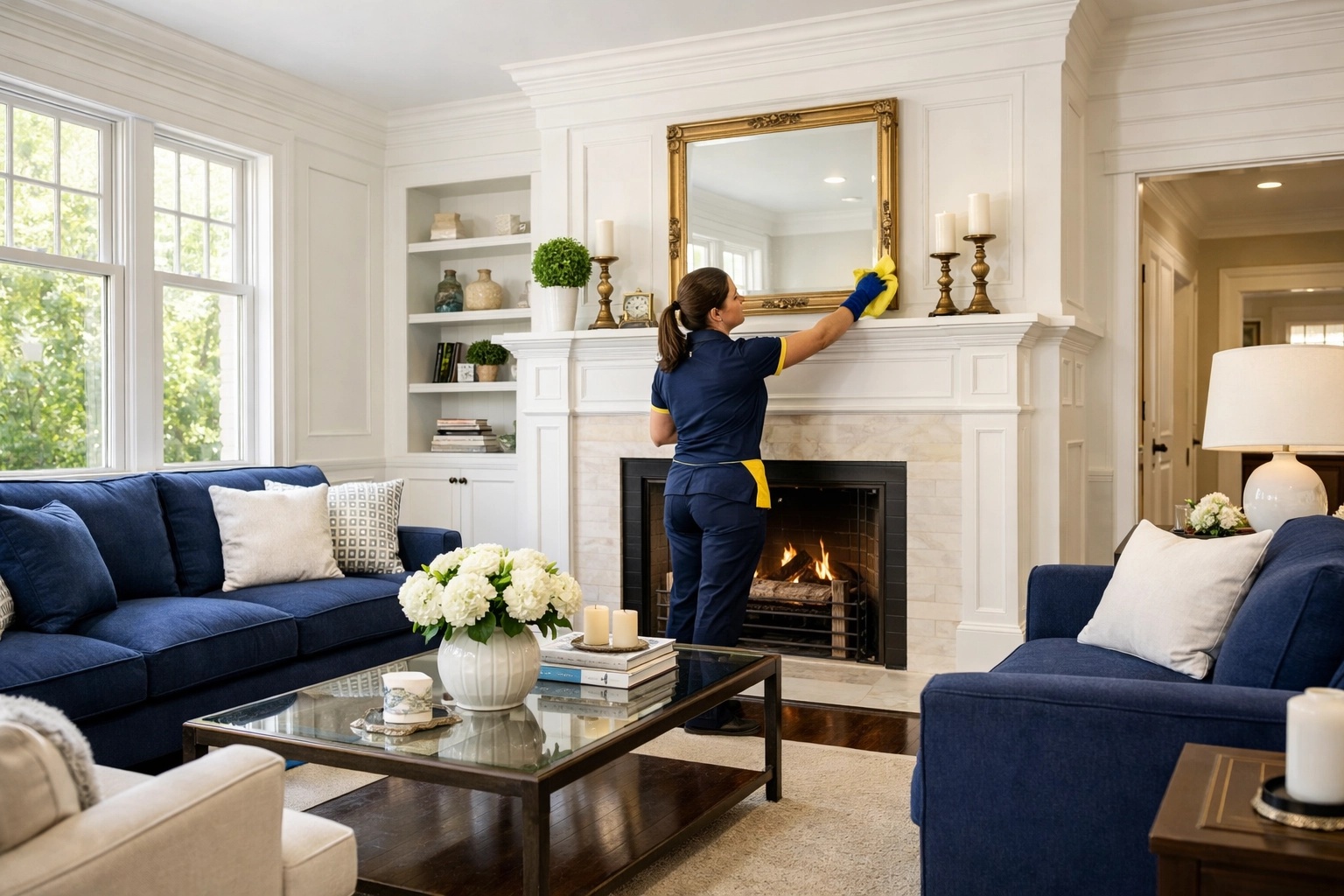 Professional cleaner dusting a colonial living room fireplace as part of bi-weekly cleaning Concord services.