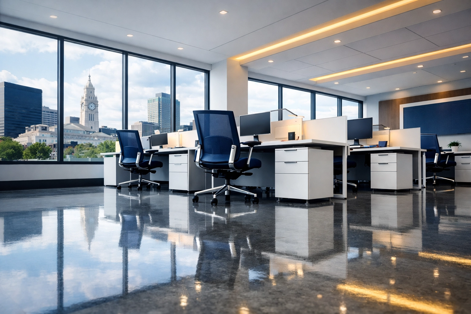 Pristine commercial office space in Worcester with polished floors maintained by professional janitorial services Worcester MA.