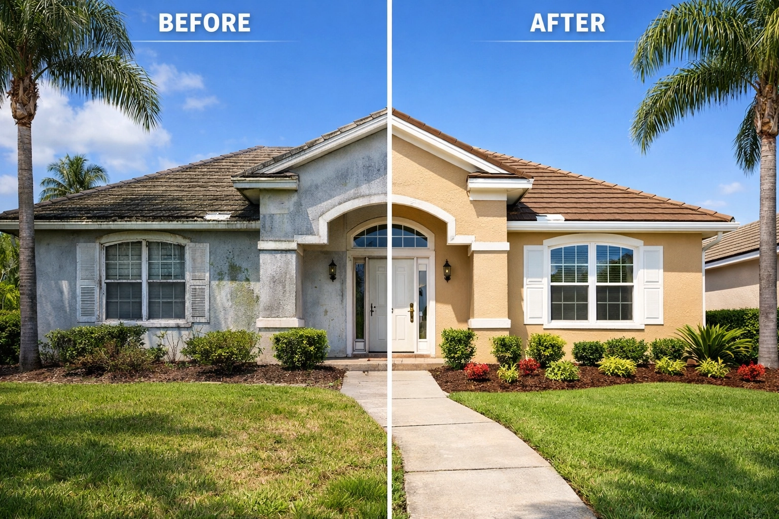 Before and after exterior painting transformation of Florida home by Gainesville painters