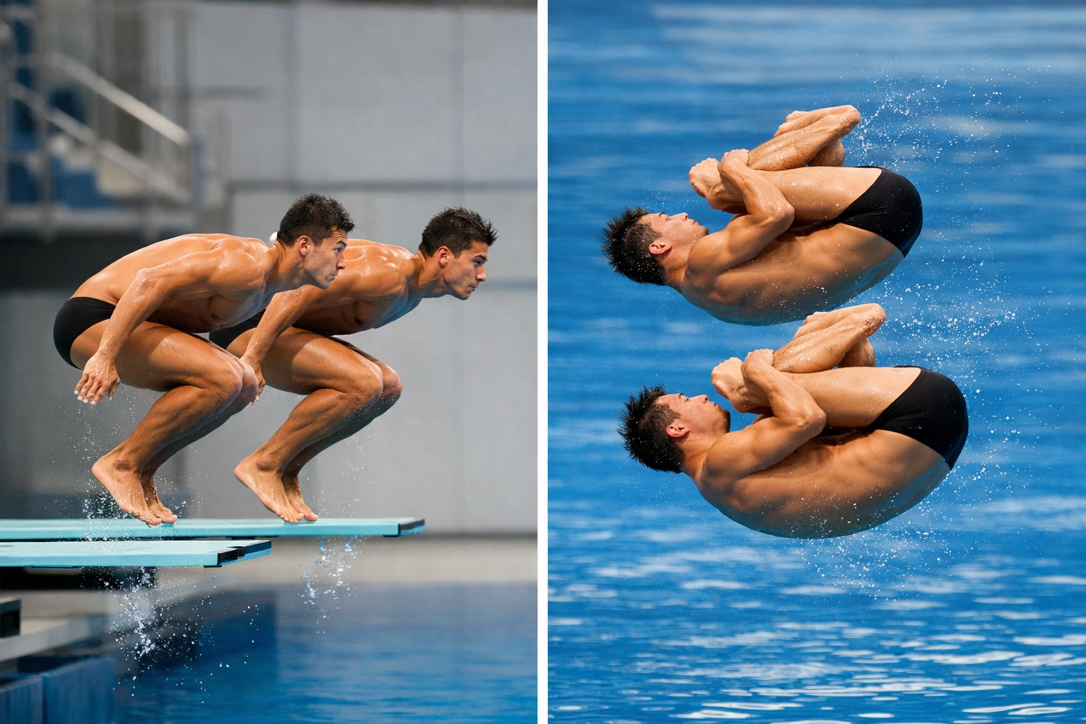 Male synchronized divers performing identical movements in perfect timing