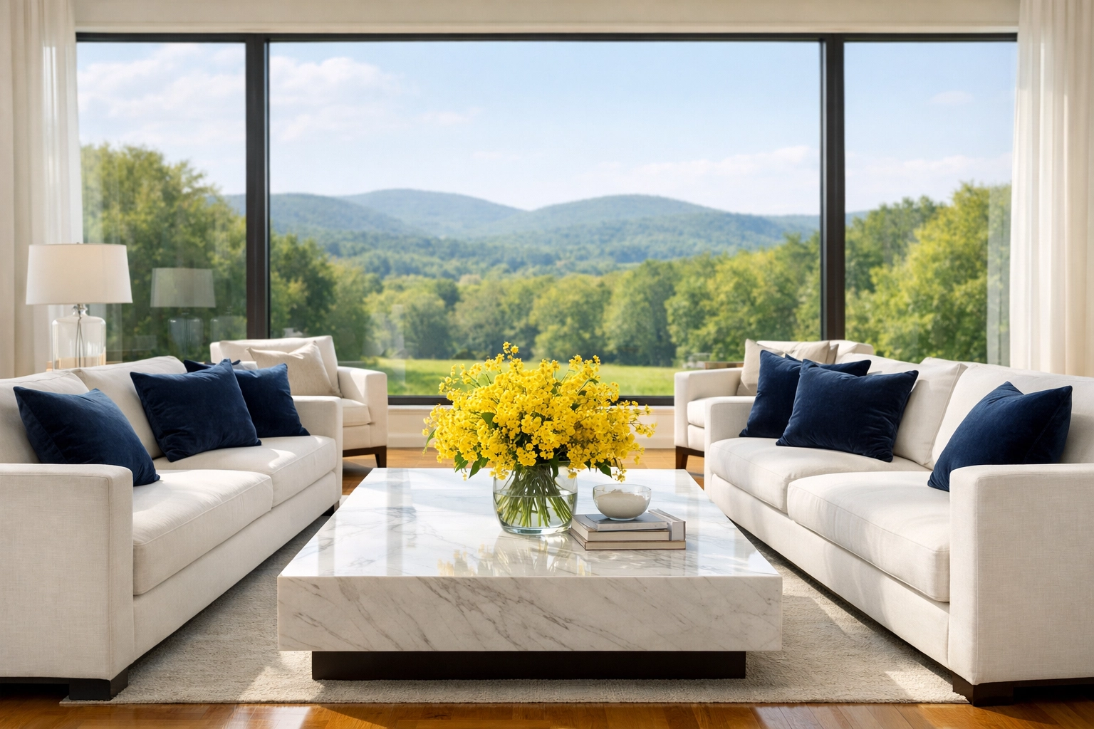 Spotless luxury house cleaning in Milton living room with Blue Hills views and gleaming hardwood floors.