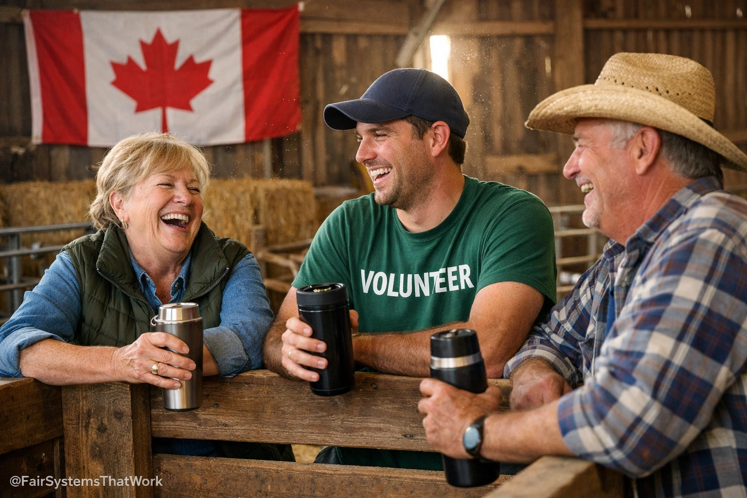 Multi-generational Canadian ag society volunteers sharing a laugh in a barn, building a resilient team culture.