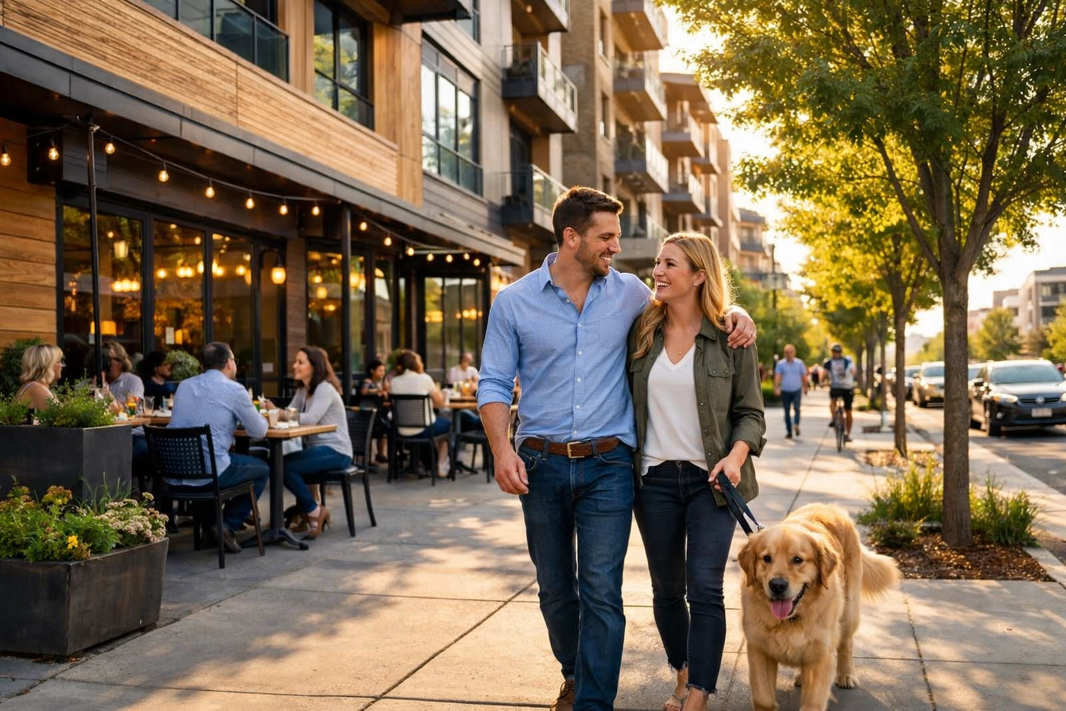 Walkable urban streetscape in the River Street district of Downtown Boise featuring mixed-use development and cafes.