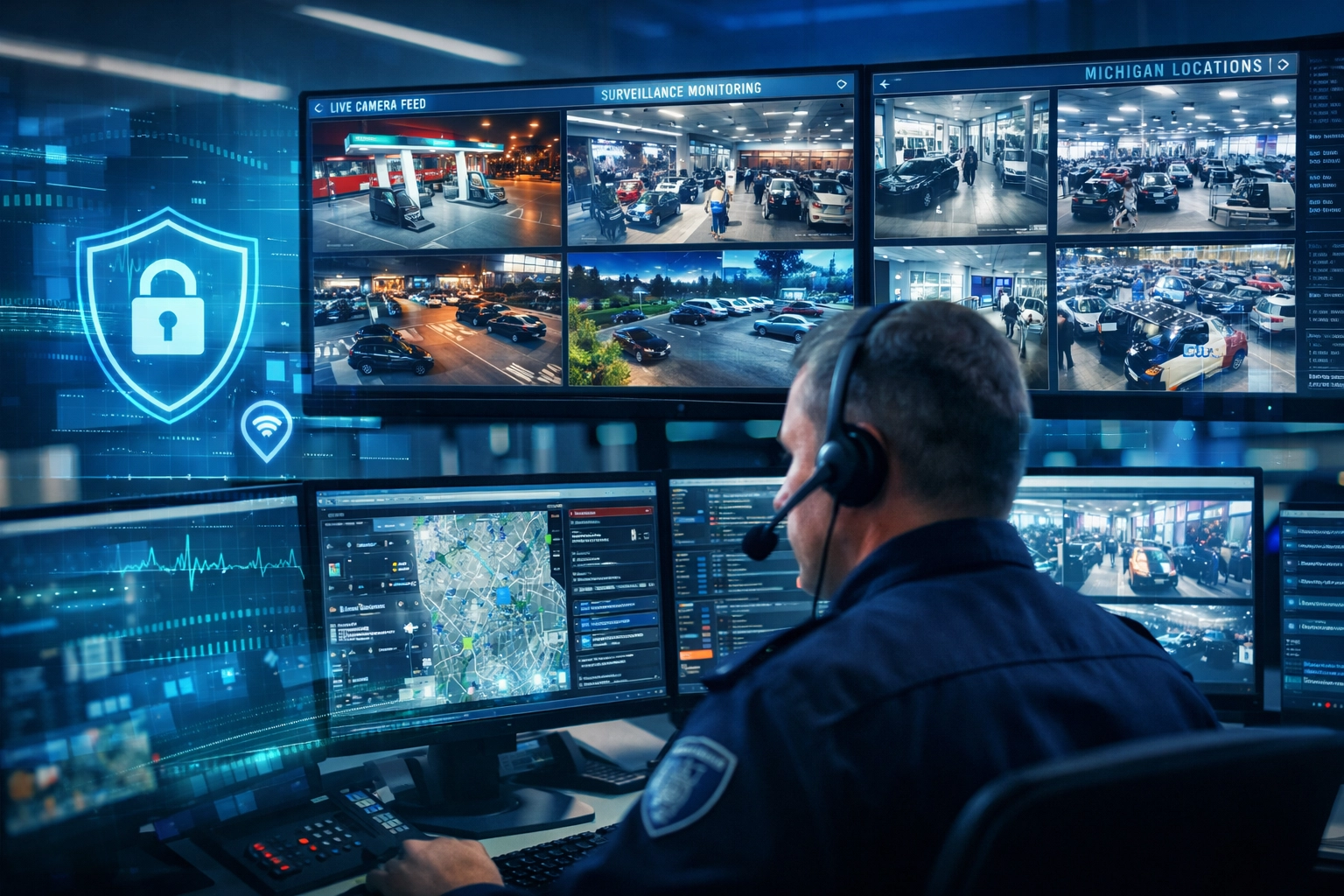 911 dispatcher monitoring live camera feeds from Michigan businesses for emergency response coordination