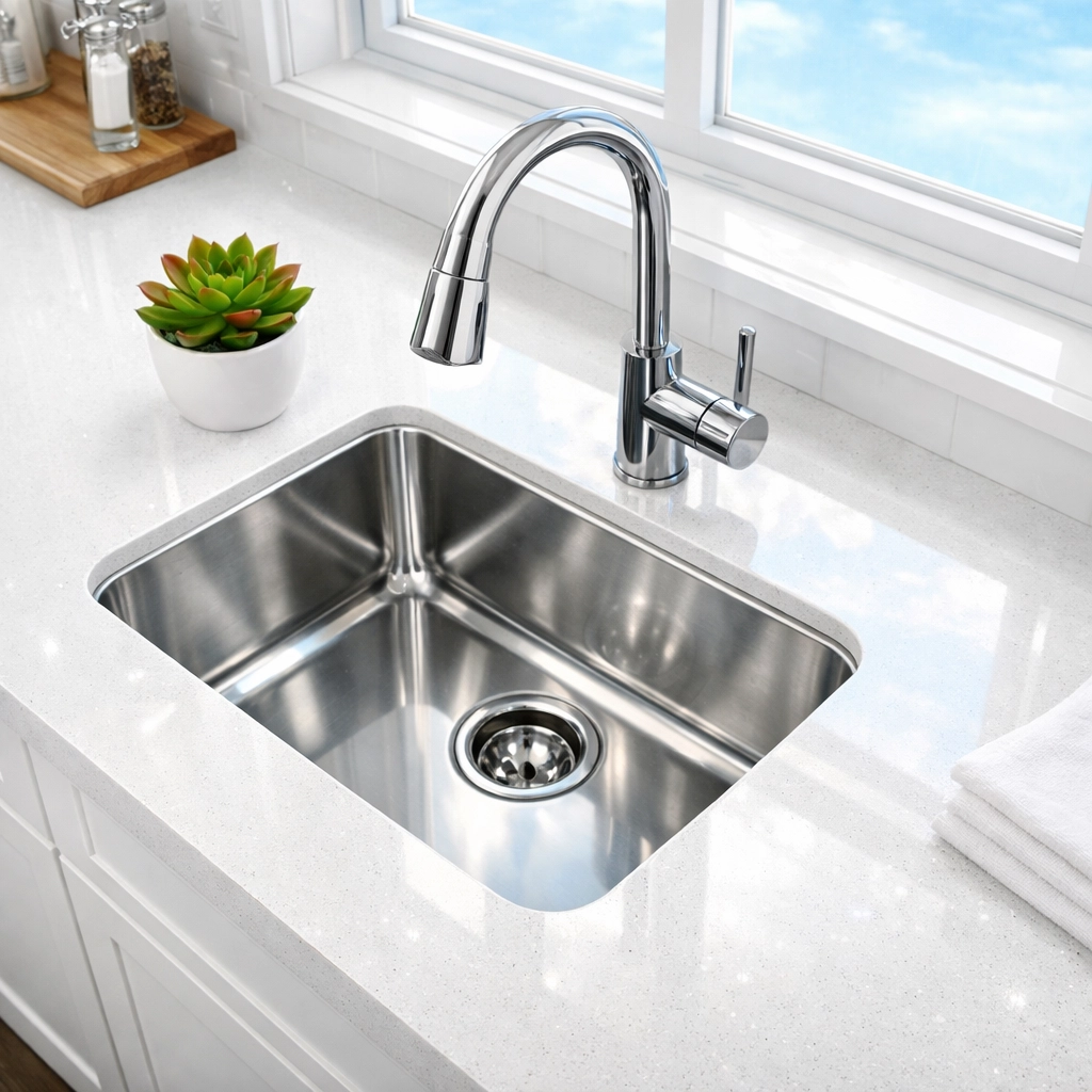 A sparkling clean modern kitchen in Waterloo, IA with polished counters and sink.