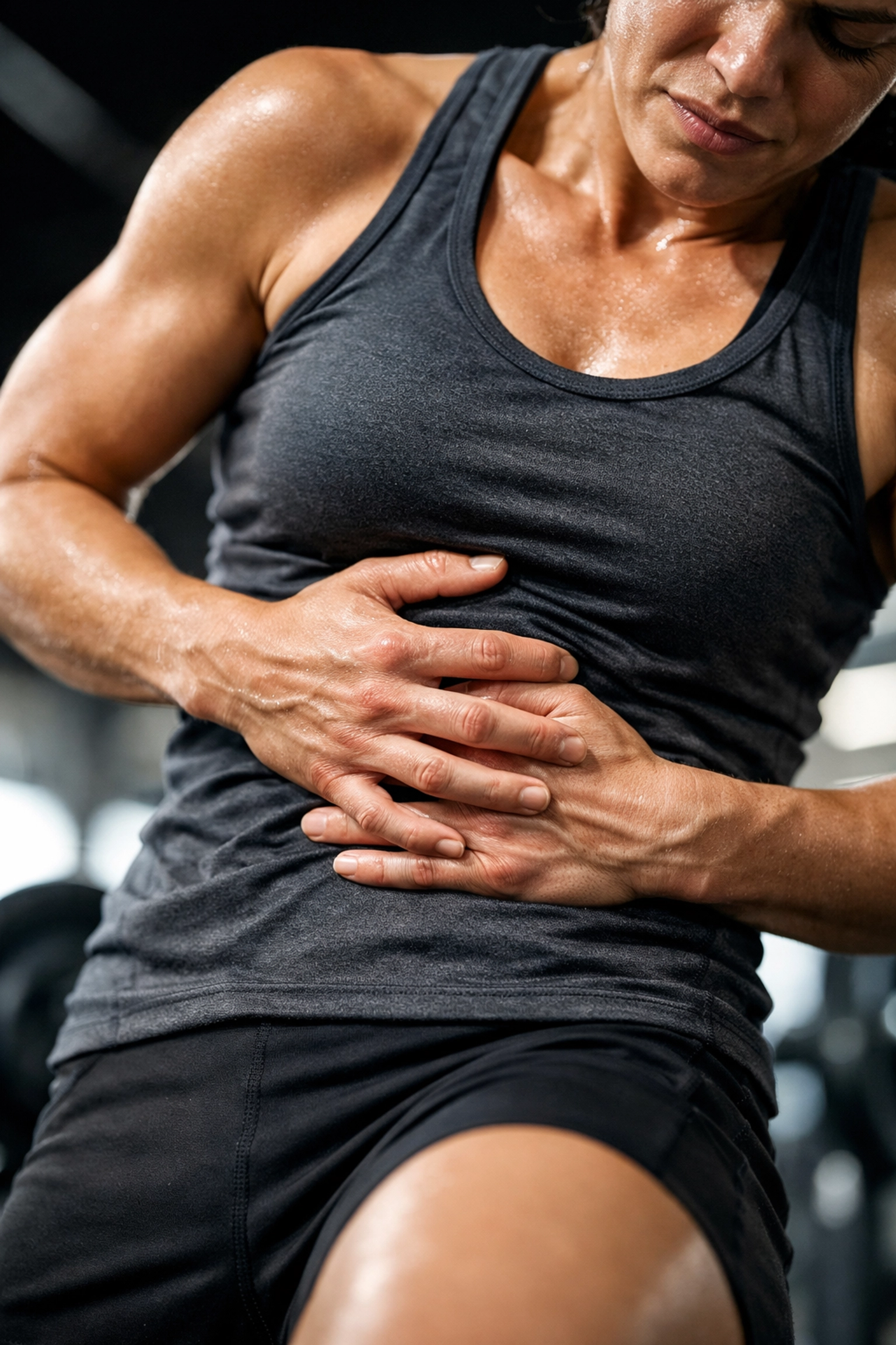 Athlete experiencing digestive discomfort from protein coffee combination in gym