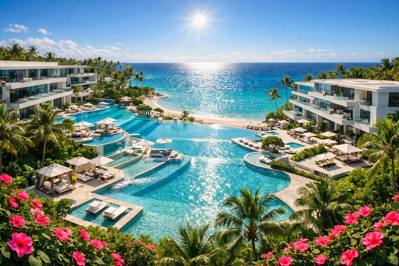 Aerial view of a modern luxury Punta Cana all-inclusive resort with tiered infinity pools overlooking the sea.