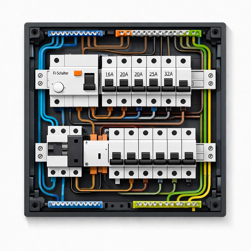 Geöffneter Stromverteiler mit FI-Schalter und Sicherungsautomaten für Wärmepumpen-Reparatur