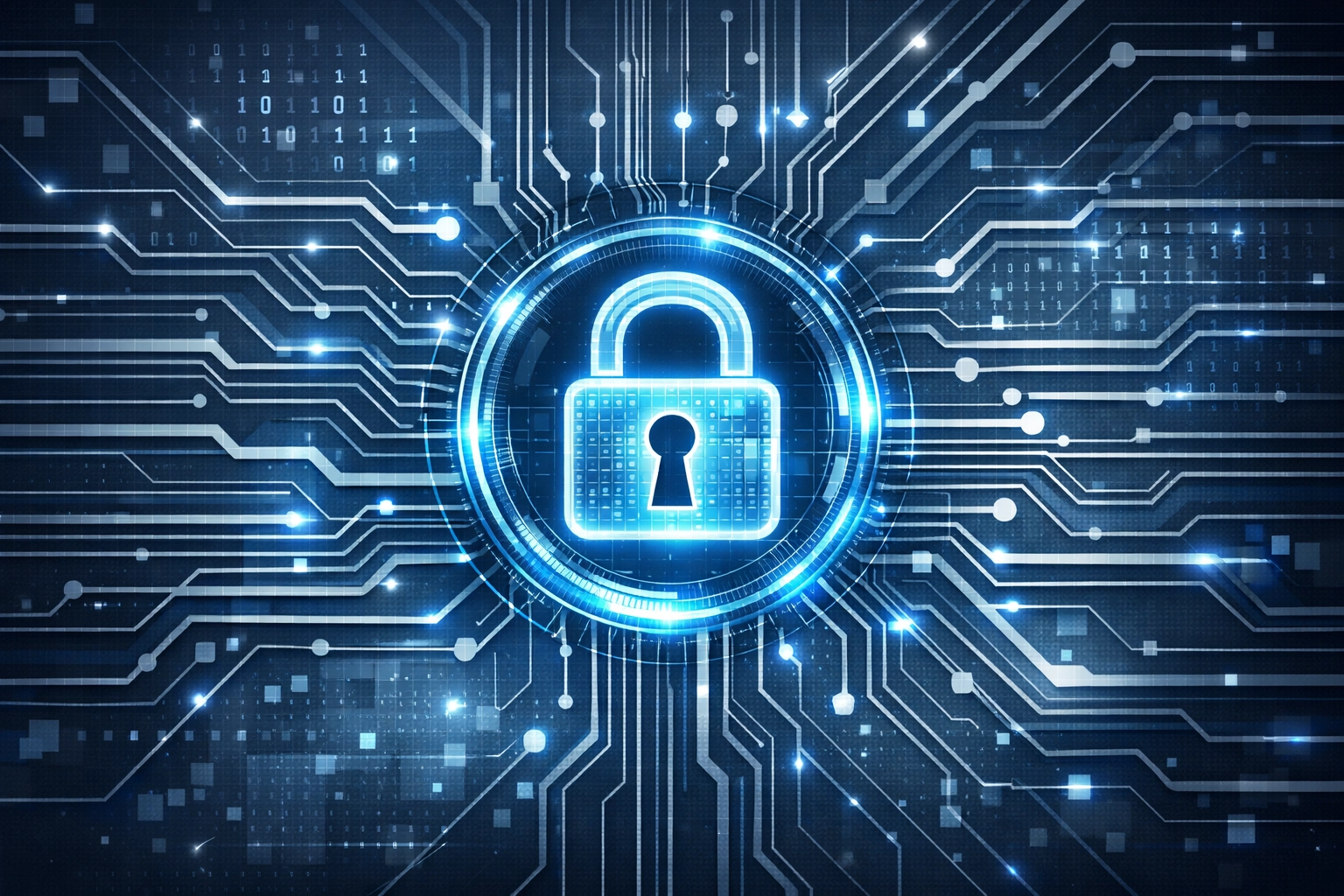 Abstract digital padlock on a circuit board representing secure data protection and IT compliance.