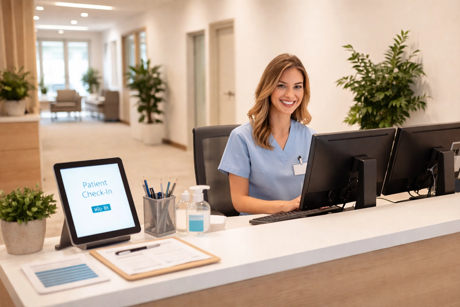Medical clinic front desk with receptionist managing patient check-in in an organized, efficient workspace