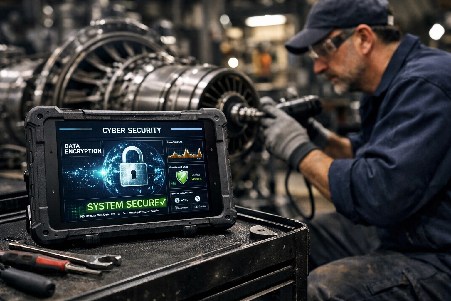 Cybersecurity dashboard on an industrial tablet inside a CT manufacturing facility for CMMC compliance.