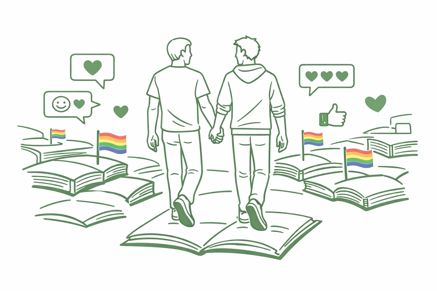 Gay couple walking through digital landscape of LGBTQ+ books and Pride flags