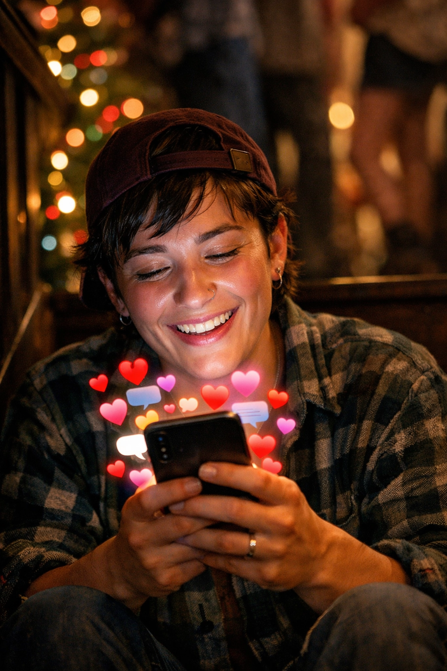 A person finds comfort and connection with their chosen family via smartphone during a holiday gathering.