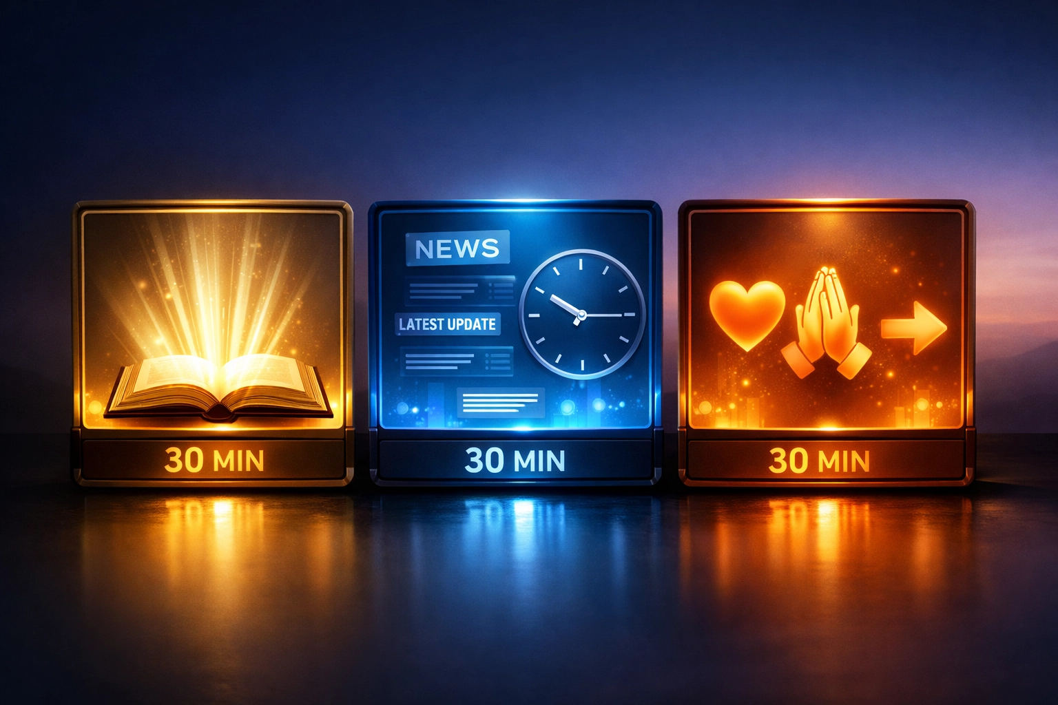 Visual breakdown of the 30-30-30 framework: spiritual grounding, news intake, and action blocks