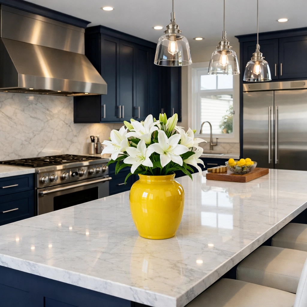 Sparkling luxury kitchen with white marble countertops cleaned by professional house cleaners.