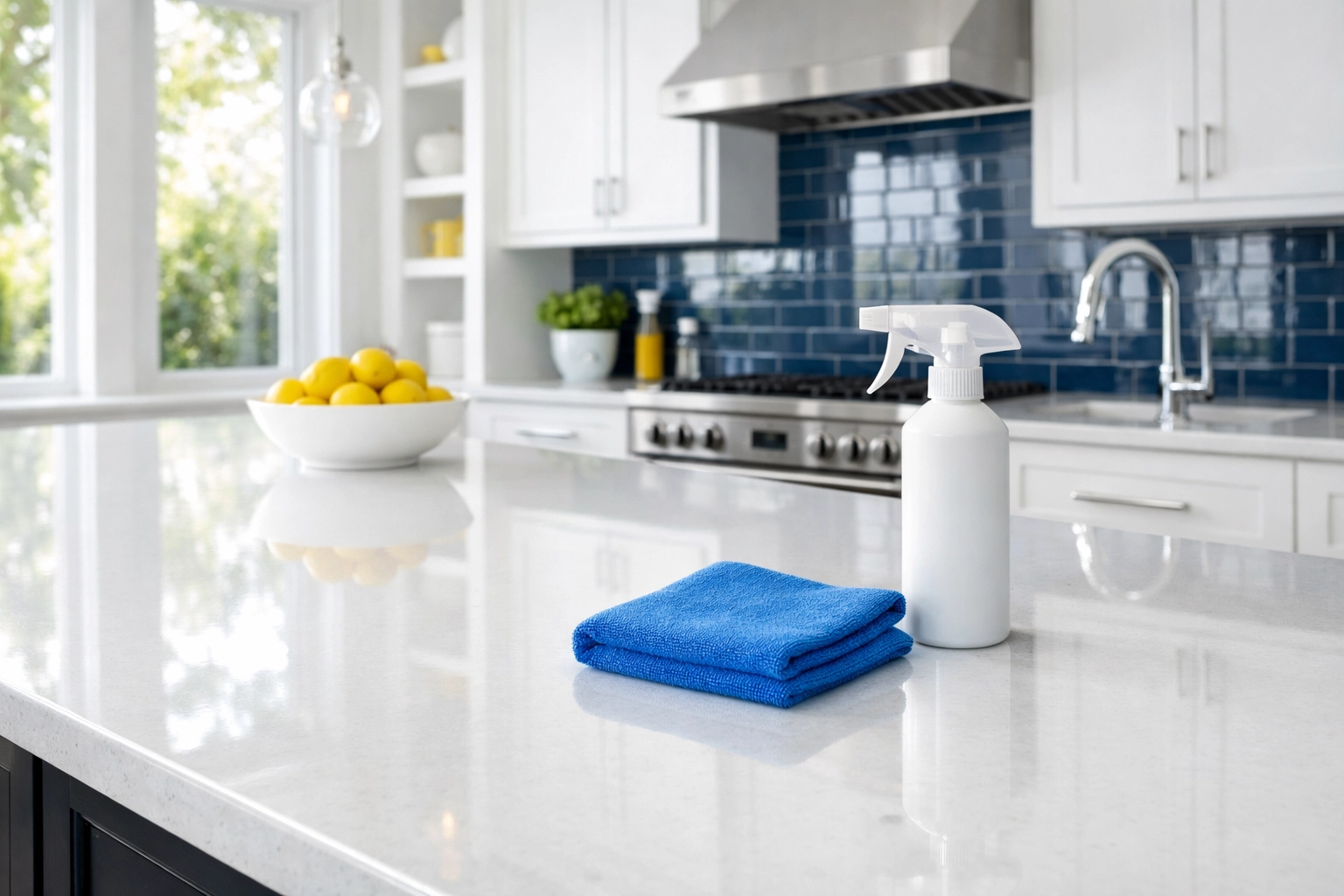 Modern kitchen in Marlborough with clean quartz countertops and a microfiber cloth for house cleaning.