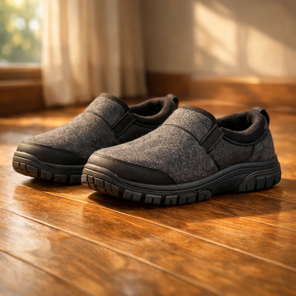 Supportive closed-back indoor shoes with non-slip rubber soles on a hardwood floor for stability.