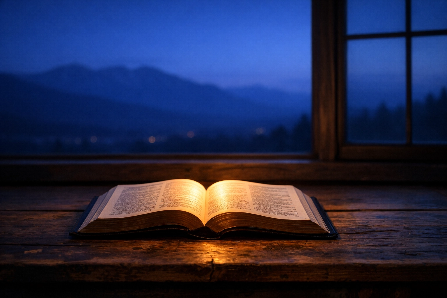 An open Bible illuminated by warm light on a wooden table, encouraging intercessory prayer for persecuted believers.