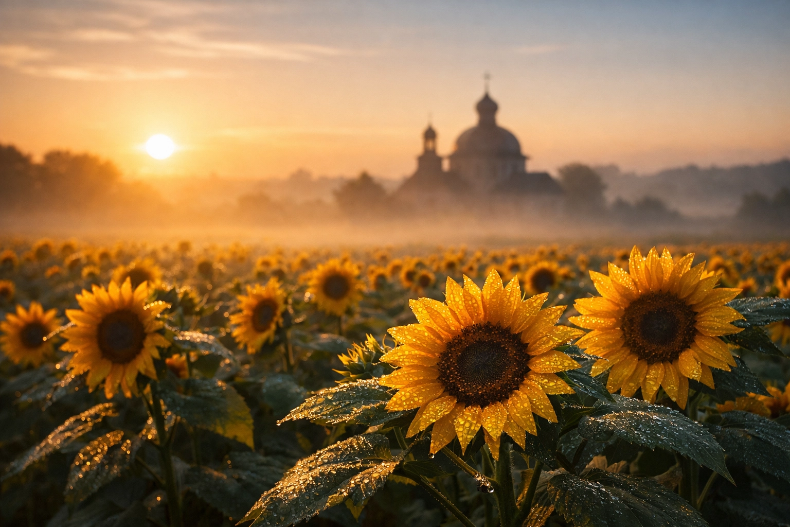 Sunflower field at sunrise in Ukraine with a church silhouette, symbolizing hope and peace amid war