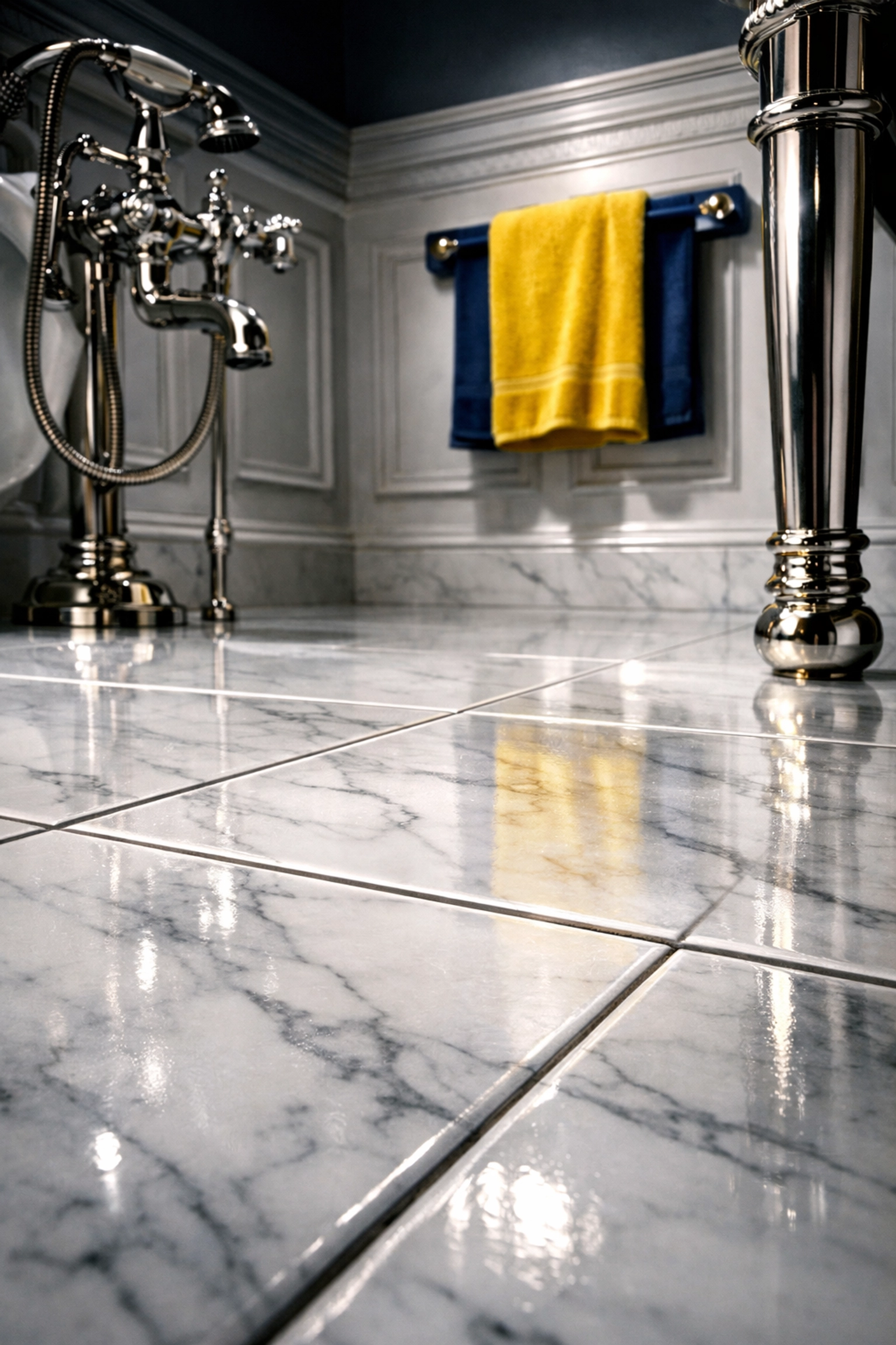 Detailed view of a luxury bathroom with spotless marble flooring after a deep cleaning MA service.