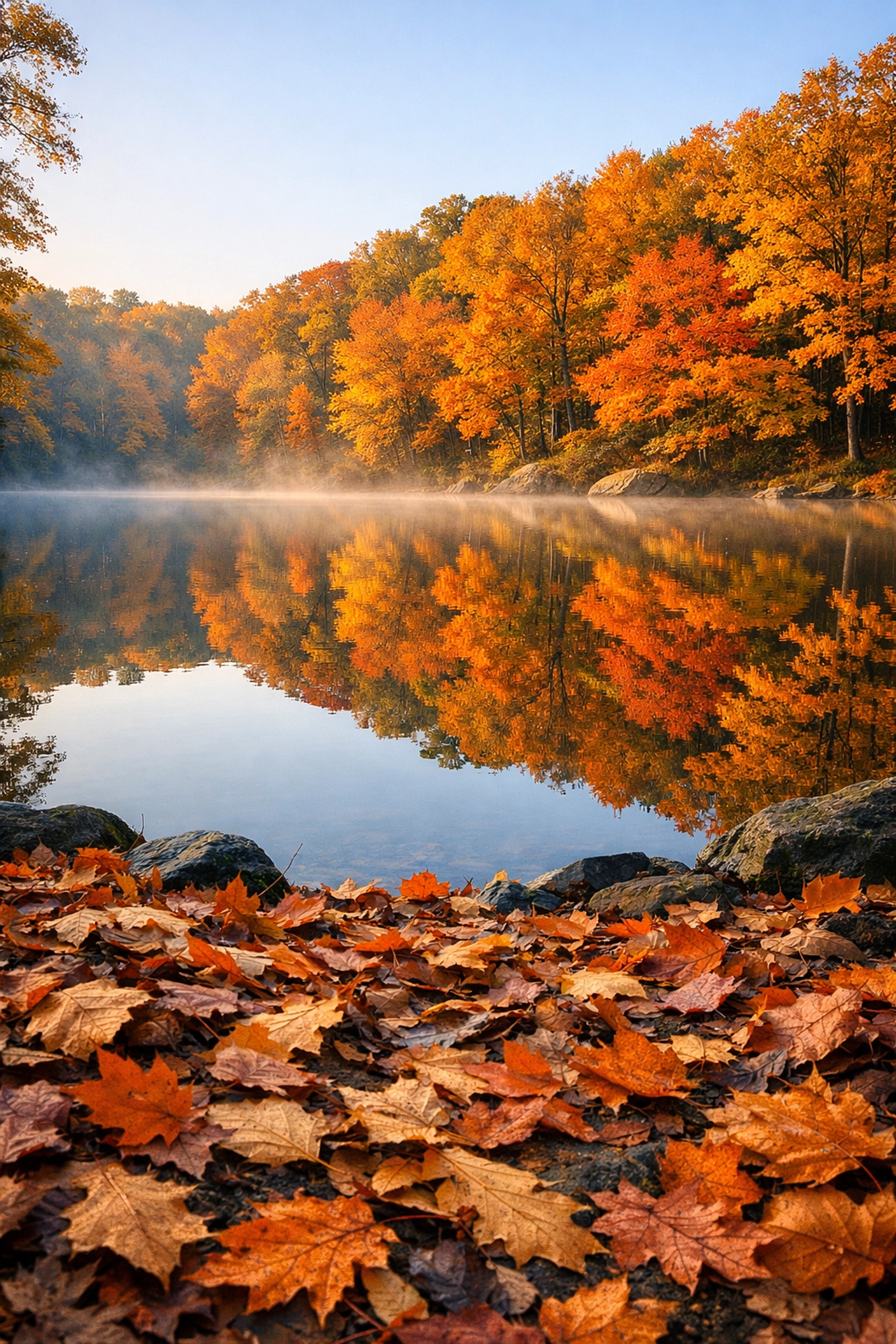 Autumn trees reflecting in a hidden lake, perfect as one of the best photo spots near me for nature.
