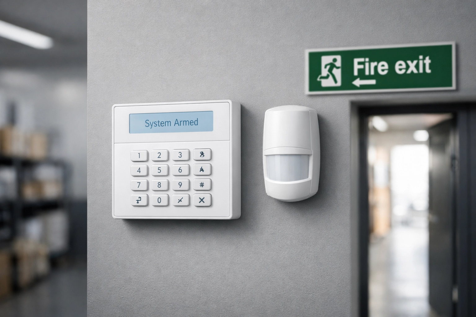 Commercial intruder alarm keypad and motion sensor professionally installed in a UK business office.